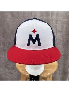 Caribou Coffee Hat Cap Snap Back Red White Blue M Logo Mens One Size Flat Brim